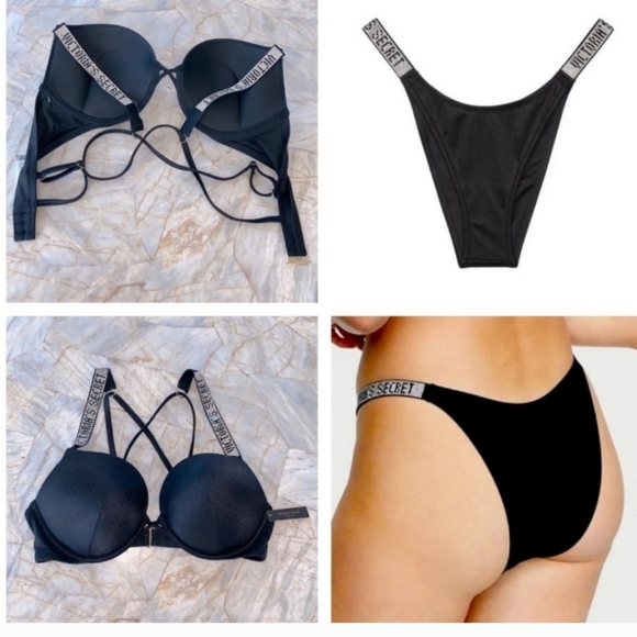 Victoria Secret 34B S Bombshell Push Up Top Bikini Set Shine Strap LOGO Black - Picture 2 of 4